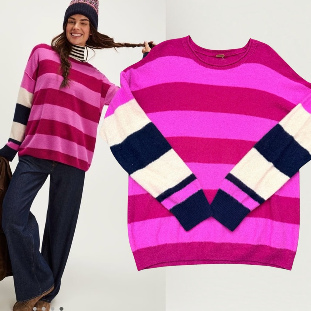 Free People Sweater Easy Street Striped Tunic Pink Magenta Medium